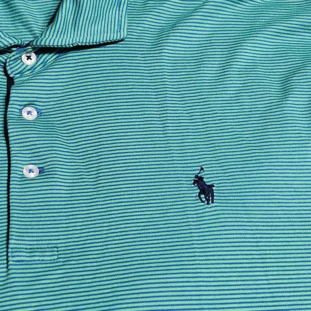 Ralph Lauren Polo Shirt Mens XL Green Blue Striped Short Sleeve Classic Fit Logo